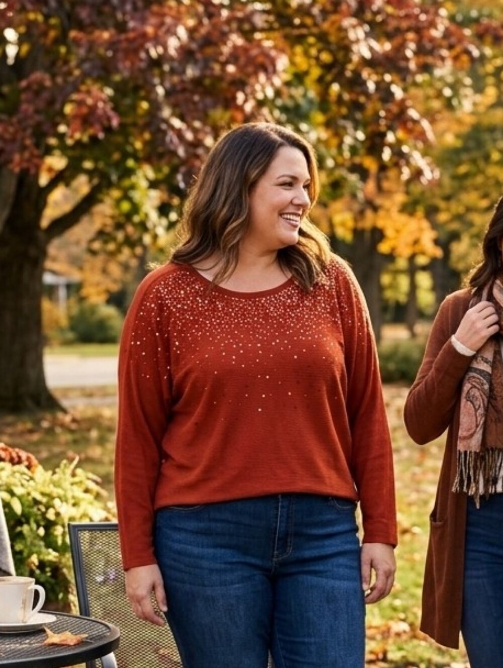 ONE WORLD Rust Crewneck Sweater with Sparkle Yoke